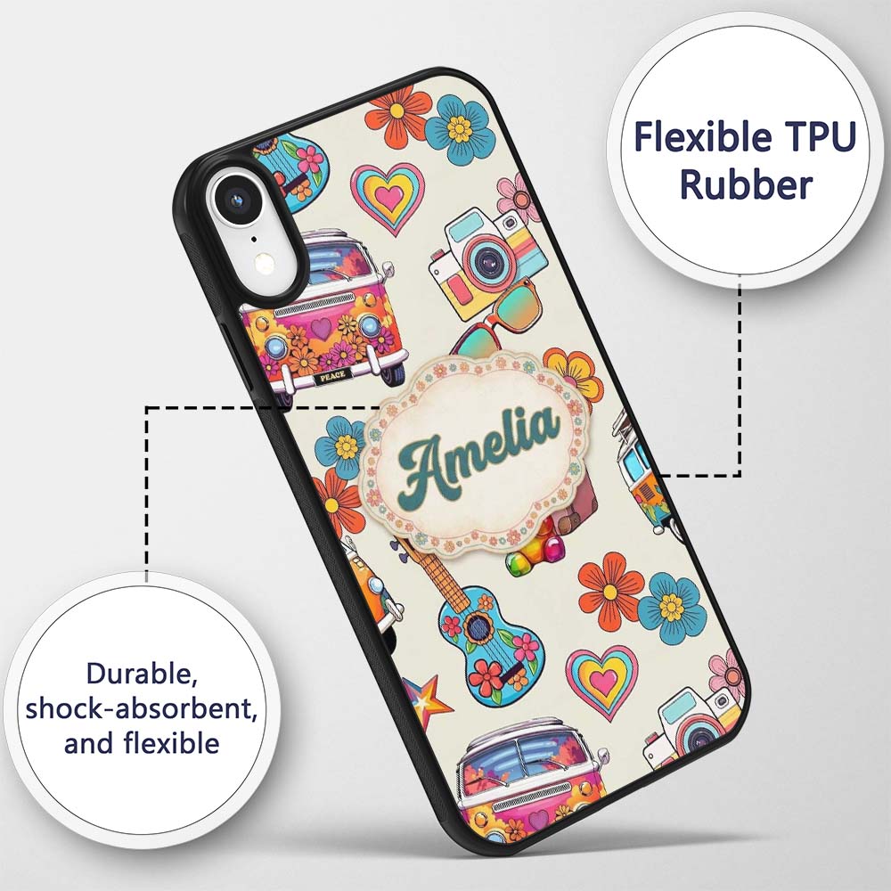 Hippie Van Camera Guitar Floral Travel Cream Custom Name Protective Phone Case Mobile Cover Durable Everyday Smartphone Shock Resistant