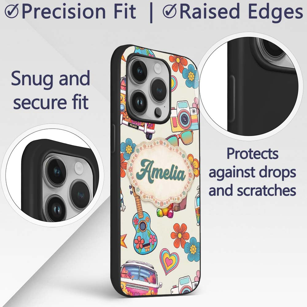 Hippie Van Camera Guitar Floral Travel Cream Custom Name Protective Phone Case Mobile Cover Durable Everyday Smartphone Shock Resistant