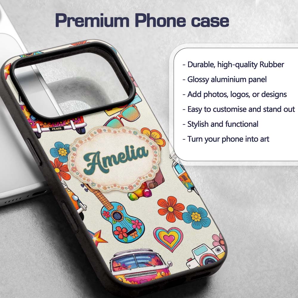 Hippie Van Camera Guitar Floral Travel Cream Custom Name Protective Phone Case Mobile Cover Durable Everyday Smartphone Shock Resistant