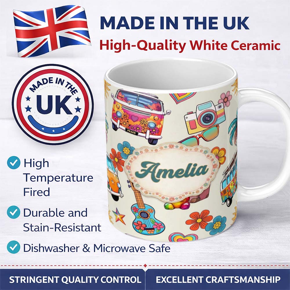 Personalized Custom Name Hippie Van Camera Guitar Floral Travel Cream Background Seamless 11oz Ceramic Coffee Tea Mug White Large Handle