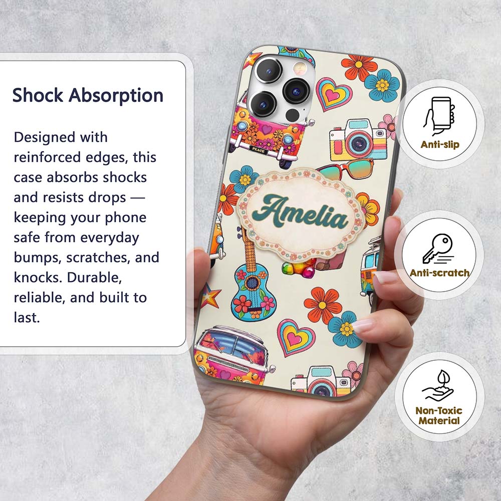 Hippie Van Camera Guitar Floral Travel Cream Custom Name Protective Phone Case Mobile Cover Durable Everyday Smartphone Shock Resistant