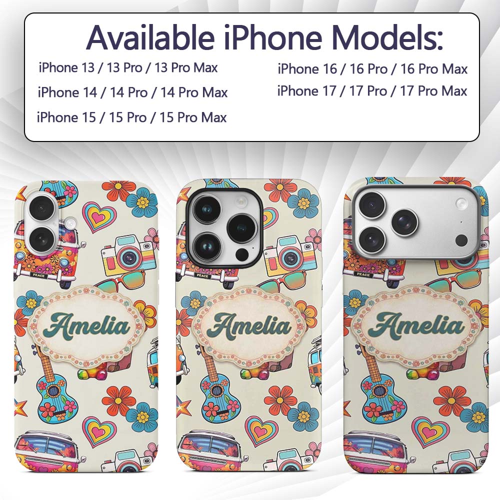 Hippie Van Camera Guitar Floral Travel Cream Custom Name Protective Phone Case Mobile Cover Durable Everyday Smartphone Shock Resistant