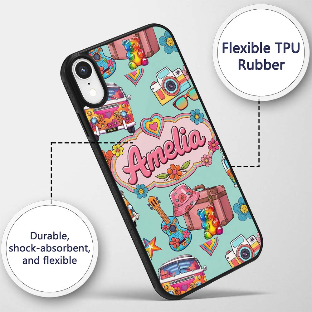 Hippie Van Camera Guitar Floral Printed Design Custom Name Protective Phone Case Mobile Cover Durable Everyday Smartphone Shock Resistant