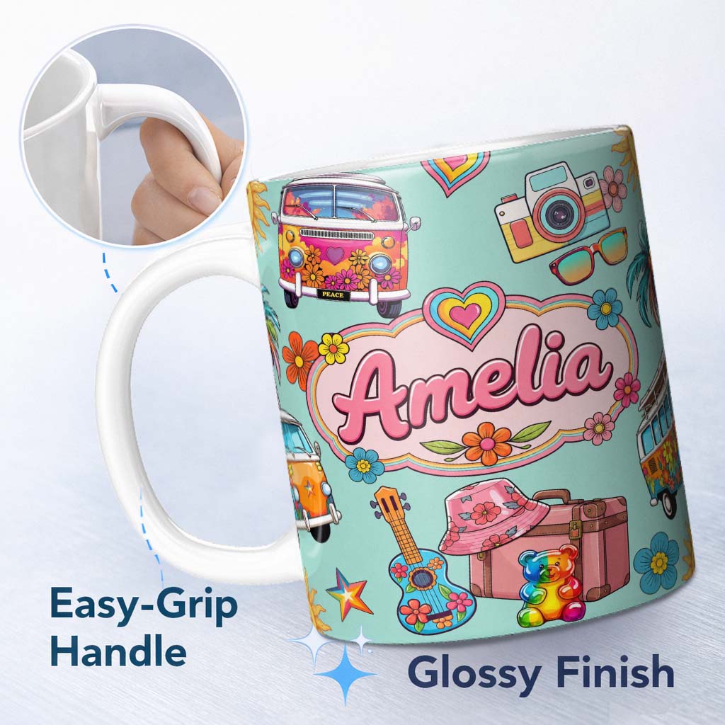 Personalized Custom Name Hippie Van Camera Guitar Floral Travel Teal Background Seamless 11oz Ceramic Coffee Tea Mug White Large Handle
