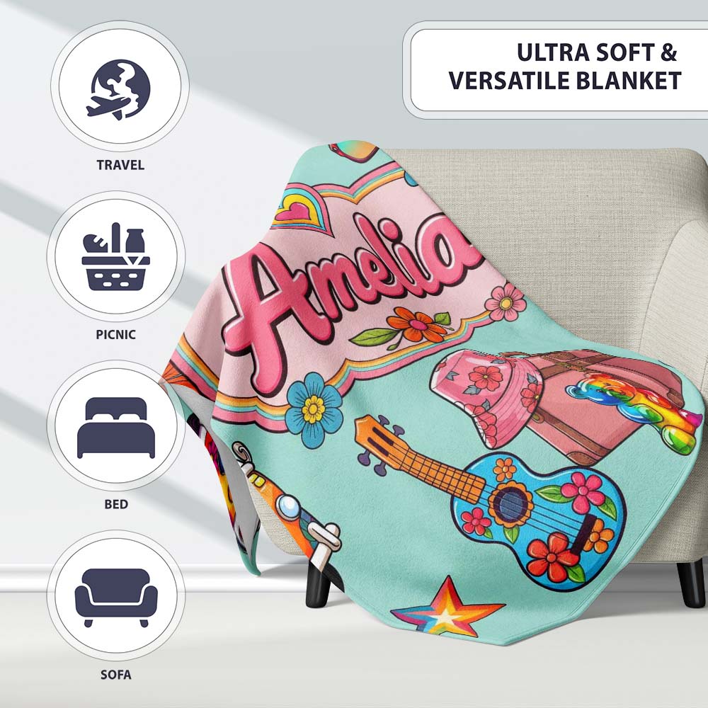 Hippie Van Camera Guitar Floral Travel Teal Background Seamless Personalised Custom Name Super Soft Fleece Blanket Bed Sofa Throw