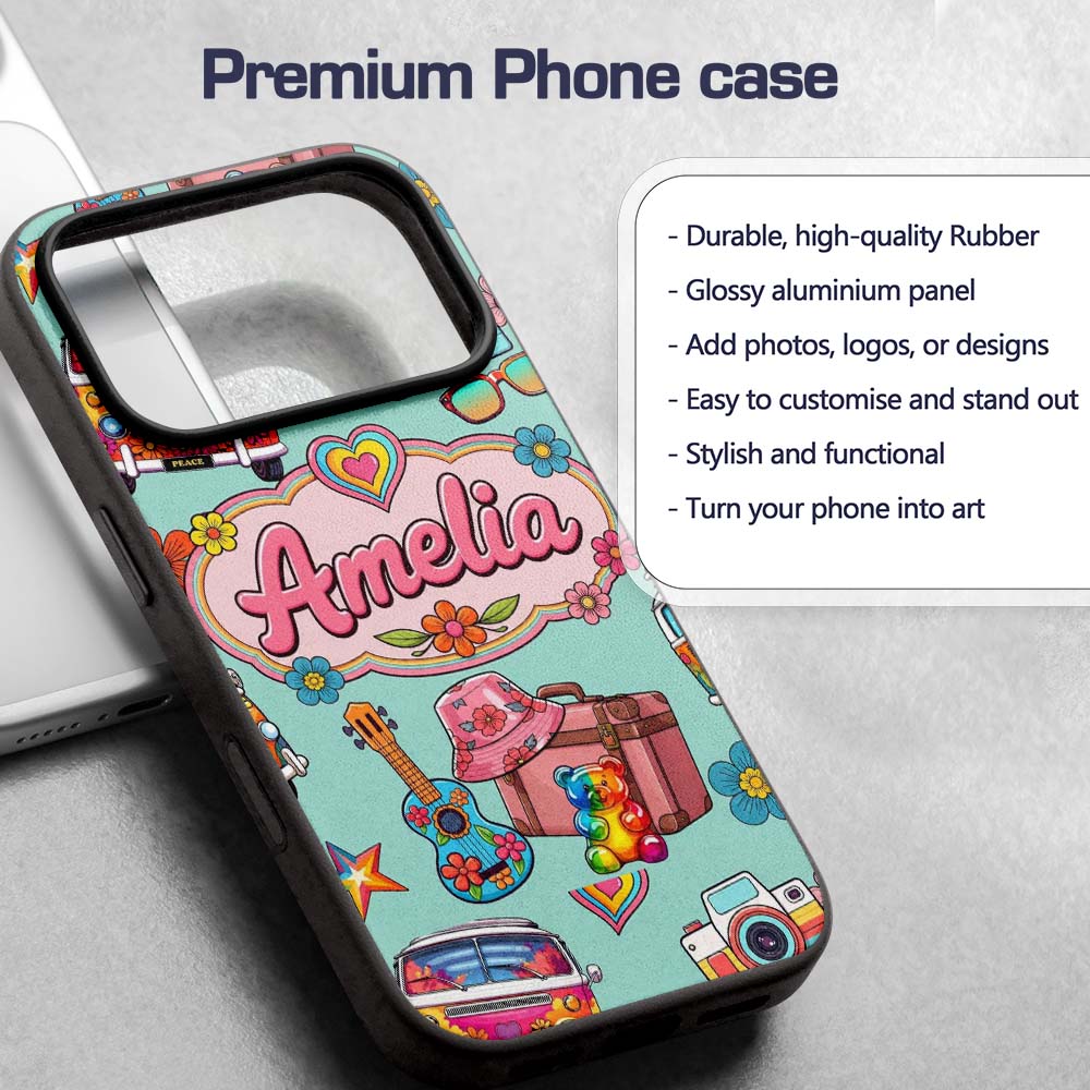 Hippie Van Camera Guitar Floral Printed Design Custom Name Protective Phone Case Mobile Cover Durable Everyday Smartphone Shock Resistant