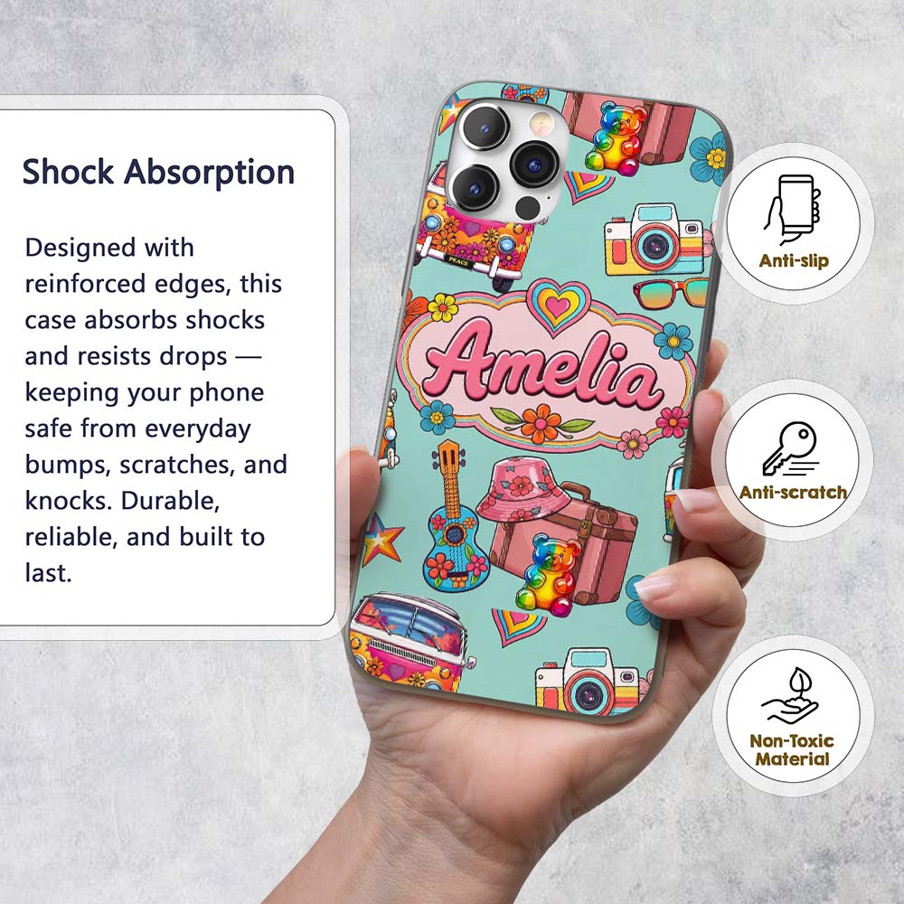 Hippie Van Camera Guitar Floral Printed Design Custom Name Protective Phone Case Mobile Cover Durable Everyday Smartphone Shock Resistant