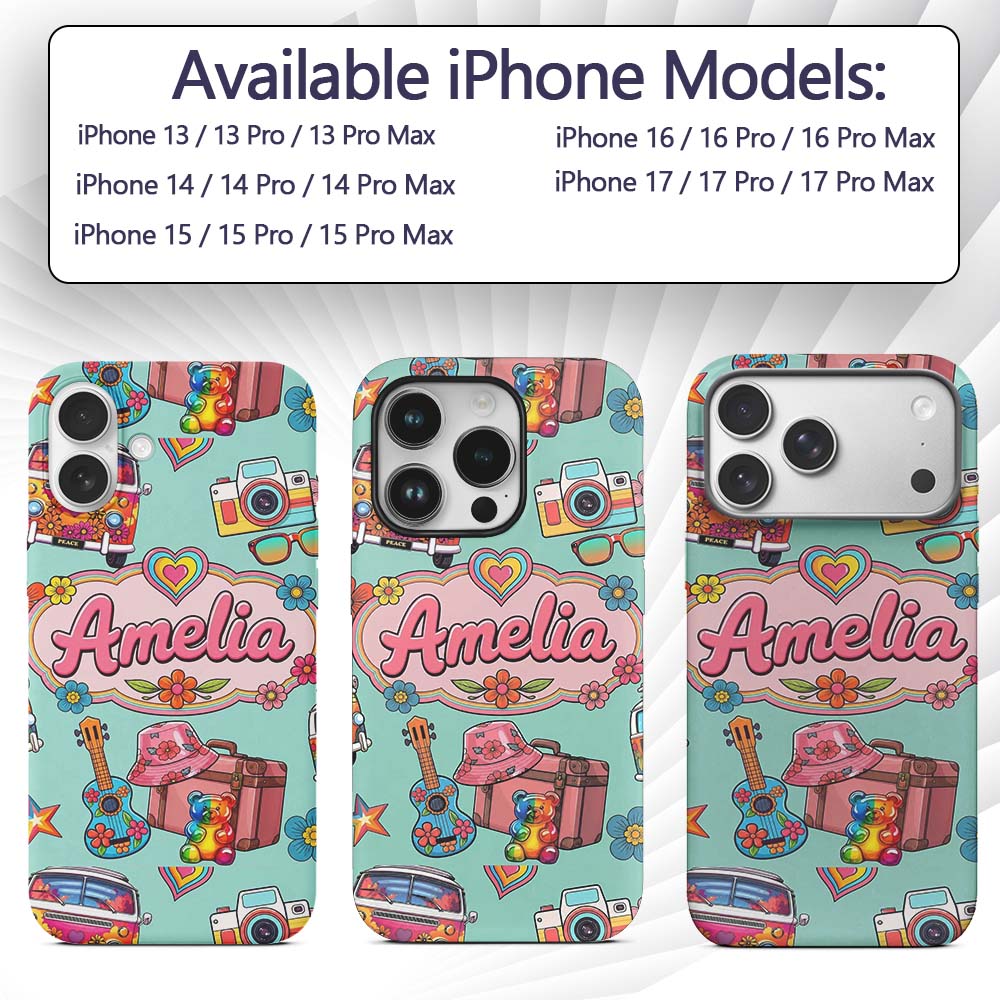 Hippie Van Camera Guitar Floral Printed Design Custom Name Protective Phone Case Mobile Cover Durable Everyday Smartphone Shock Resistant