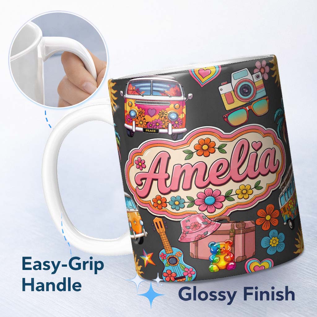 Personalized Custom Name Hippie Van Camera Guitar Floral Travel Dark Background Seamless 11oz Ceramic Coffee Tea Mug White Large Handle
