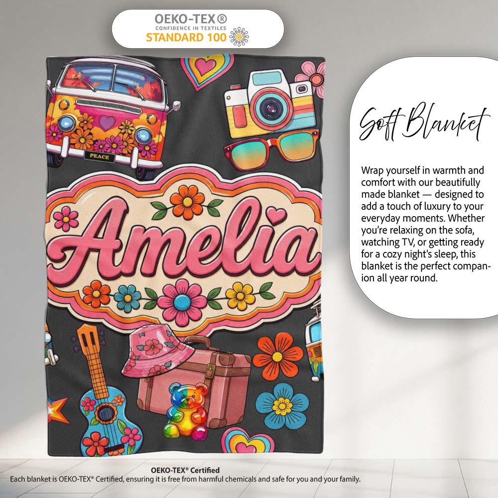 Hippie Van Camera Guitar Floral Travel Dark Background Seamless Personalised Custom Name Super Soft Fleece Blanket Bed Sofa Throw