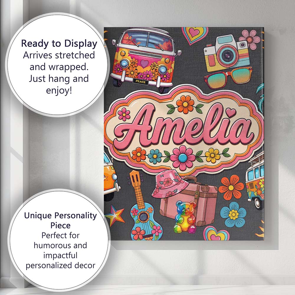 Personalised Name Hippie Van Camera Guitar Custom Unique Gift Idea Elegant Feature Canvas Wall Art Print Decor Picture Ready to Hang