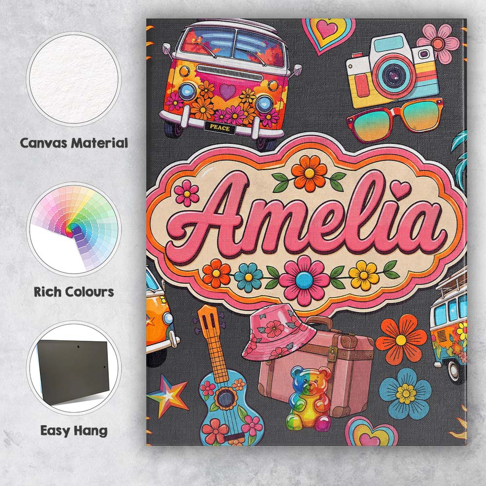 Personalised Name Hippie Van Camera Guitar Custom Unique Gift Idea Elegant Feature Canvas Wall Art Print Decor Picture Ready to Hang