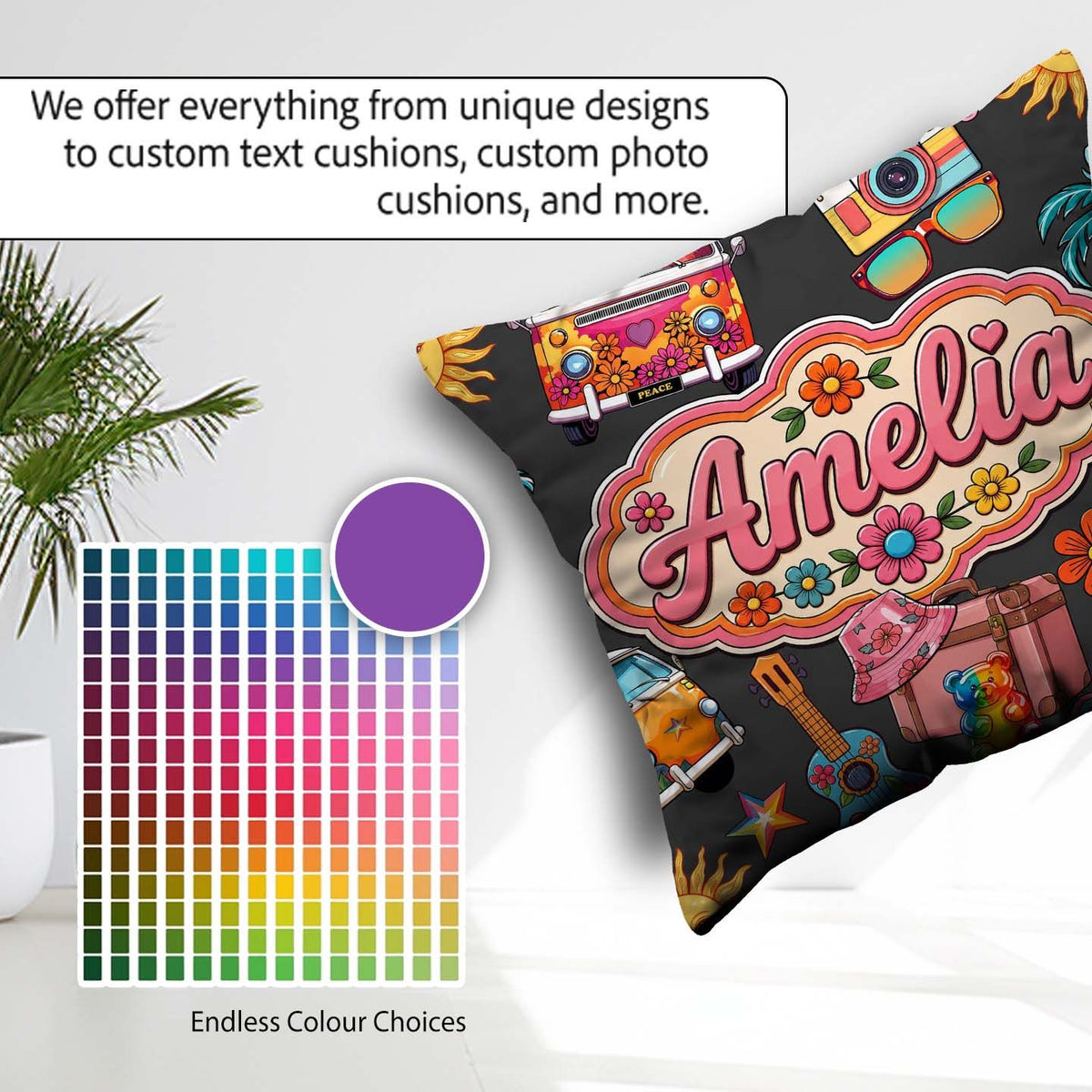 Custom Name Hippie Van Camera Guitar Floral Travel Dark Seamless Square Filled Cushion Throw Pillow Sofa Bed Home Decor Zip Washable UK Made