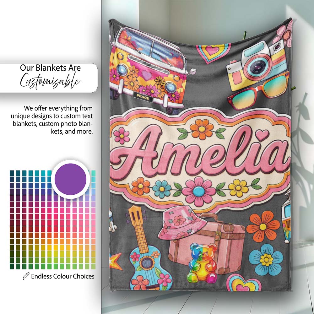 Hippie Van Camera Guitar Floral Travel Dark Background Seamless Personalised Custom Name Super Soft Fleece Blanket Bed Sofa Throw