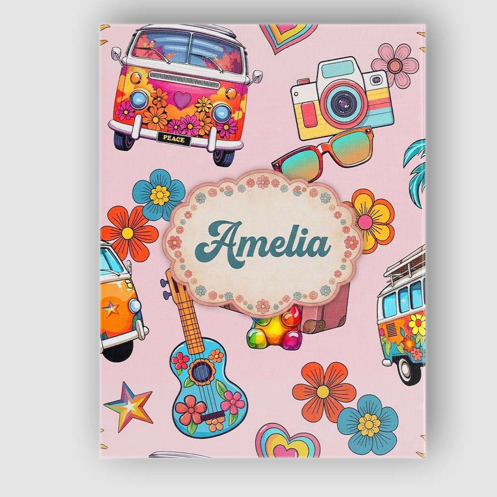 Personalised Name Hippie Van Guitar Floral Custom Unique Gift Idea Elegant Feature Canvas Wall Art Print Decor Picture Ready to Hang