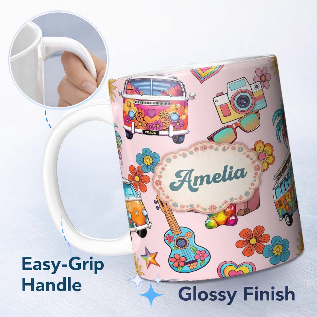 Personalized Custom Name Hippie Van Guitar Floral Travel Light Pink Background Seamless 11oz Ceramic Coffee Tea Mug White Large Handle