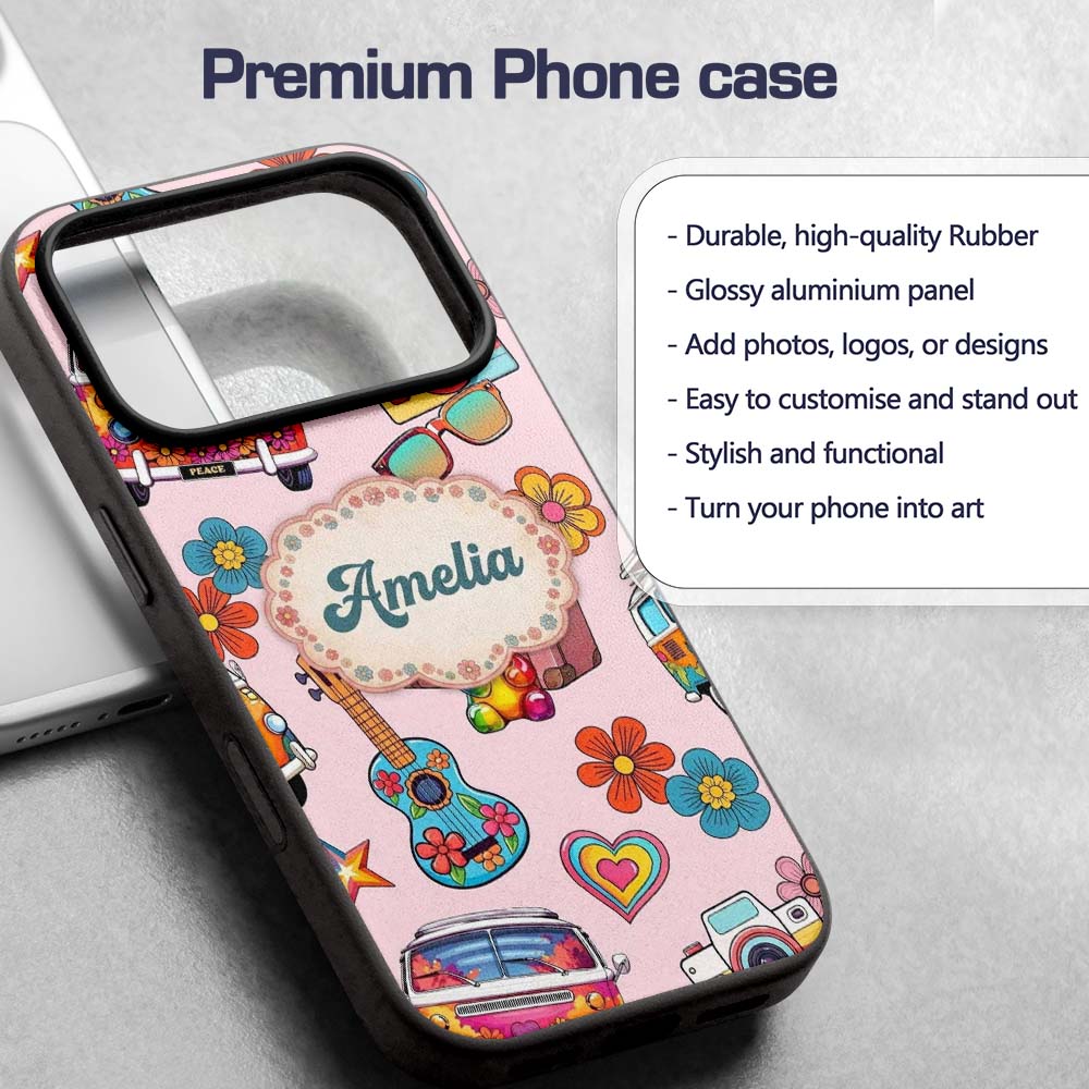 Hippie Van Guitar Floral Travel Printed Design Custom Name Protective Phone Case Mobile Cover Durable Everyday Smartphone Shock Resistant