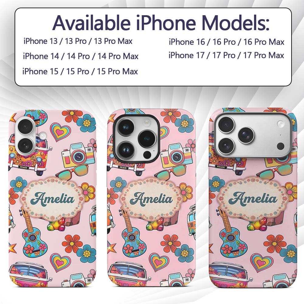 Hippie Van Guitar Floral Travel Printed Design Custom Name Protective Phone Case Mobile Cover Durable Everyday Smartphone Shock Resistant