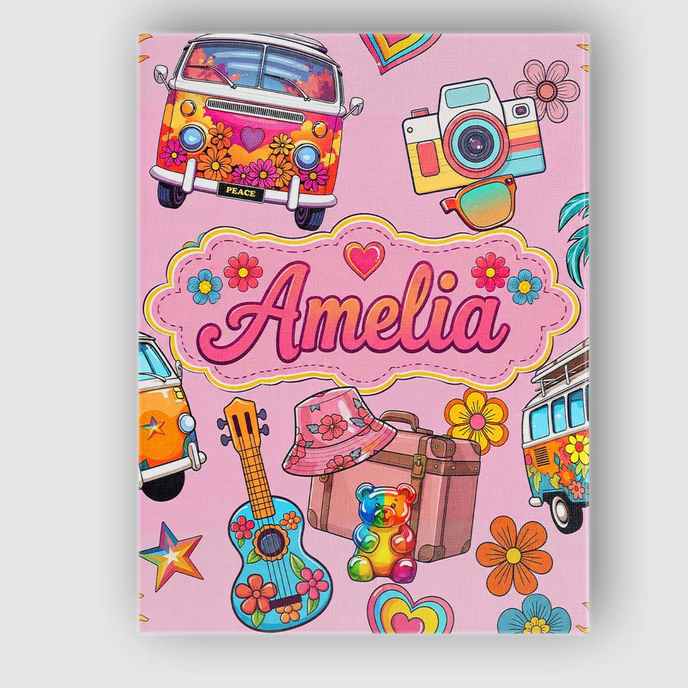 Personalised Name Hippie Van Guitar Floral Custom Unique Gift Idea Elegant Feature Canvas Wall Art Print Decor Picture Ready to Hang