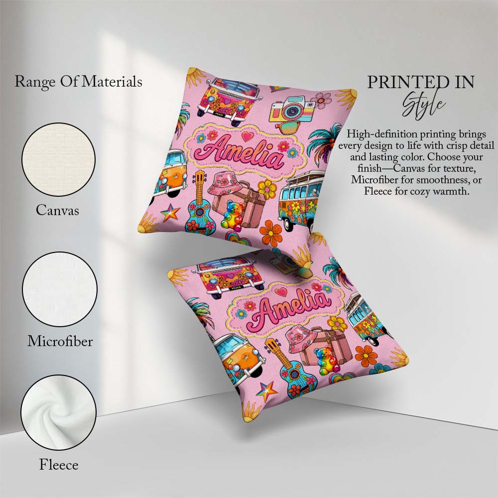 Custom Name Hippie Van Guitar Floral Travel Soft Pink Background Square Filled Cushion Throw Pillow Sofa Bed Home Decor Zip Washable UK Made