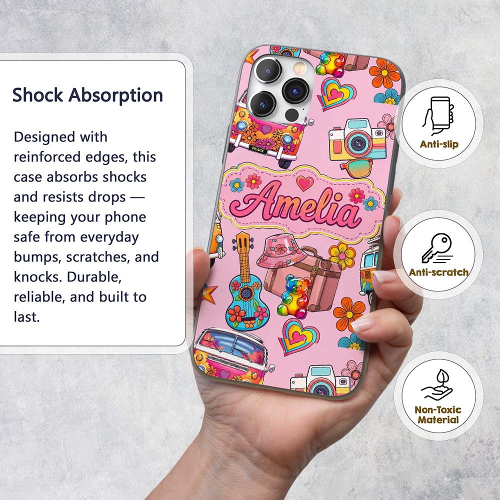 Hippie Van Guitar Floral Travel Printed Design Custom Name Protective Phone Case Mobile Cover Durable Everyday Smartphone Shock Resistant