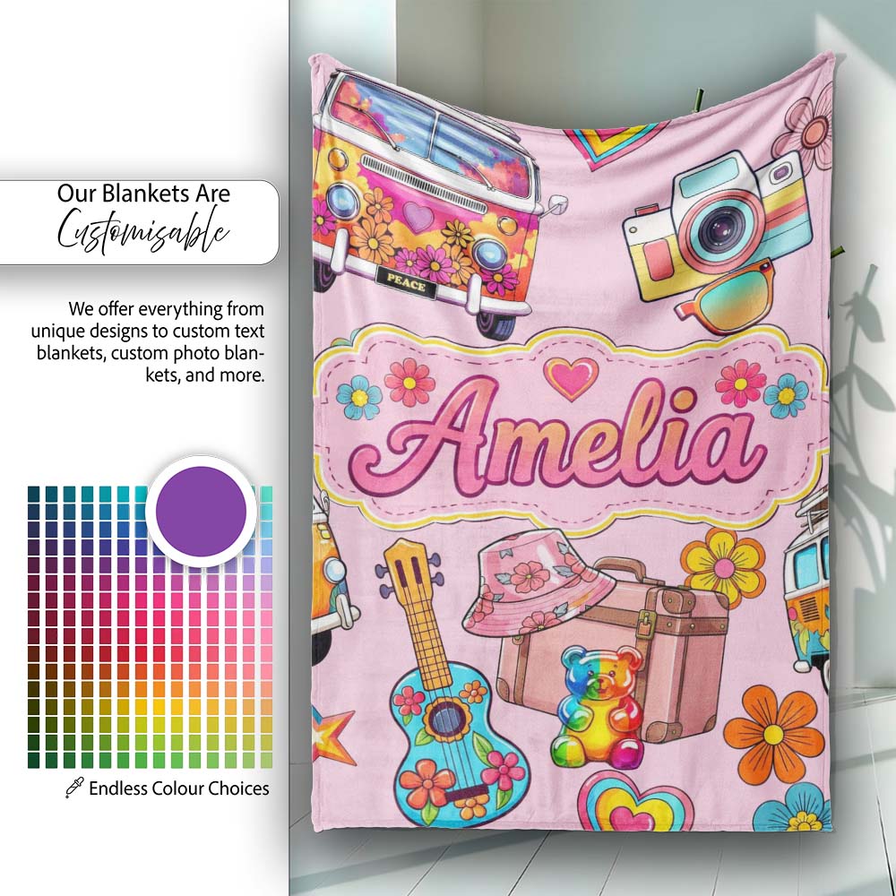 Hippie Van Guitar Floral Travel Soft Pink Background Seamless Personalised Custom Name Super Soft Fleece Blanket Bed Sofa Throw