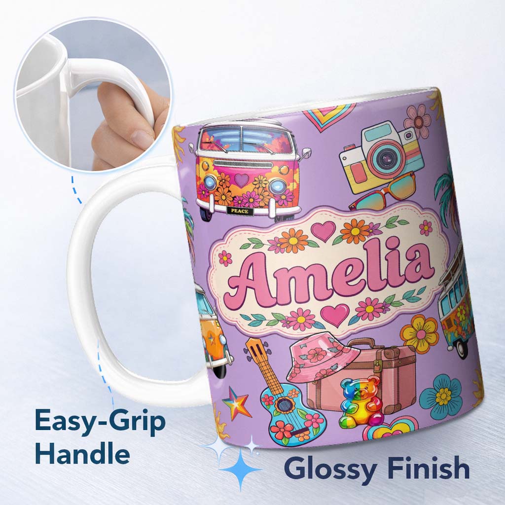 Personalized Custom Name Hippie Van Guitar Floral Travel Purple Background Seamless Pattern 11oz Ceramic Coffee Tea Mug White Large Handle