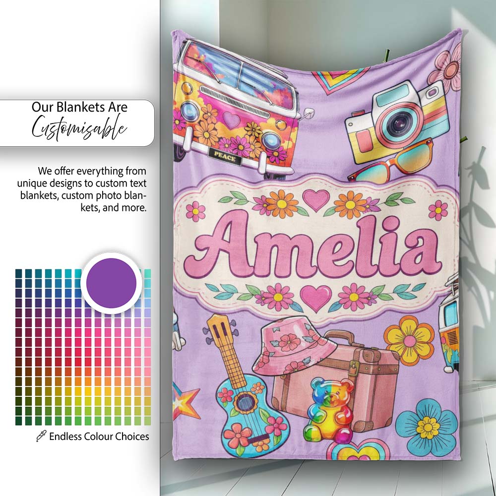 Hippie Van Guitar Floral Travel Purple Background Seamless Pattern Personalised Custom Name Super Soft Fleece Blanket Bed Sofa Throw