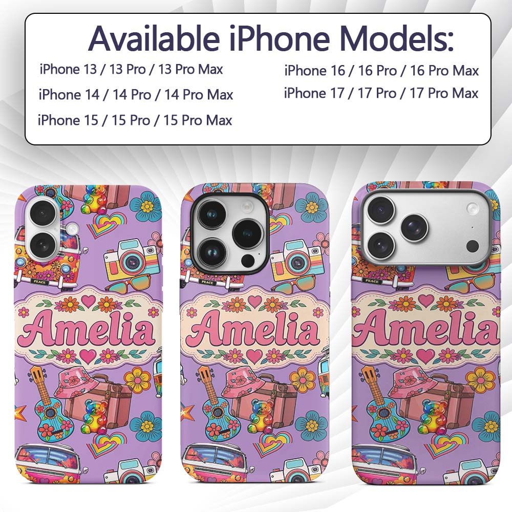 Hippie Van Guitar Floral Travel Purple Background Custom Name Protective Phone Case Mobile Cover Durable Everyday Smartphone Shock Resistant