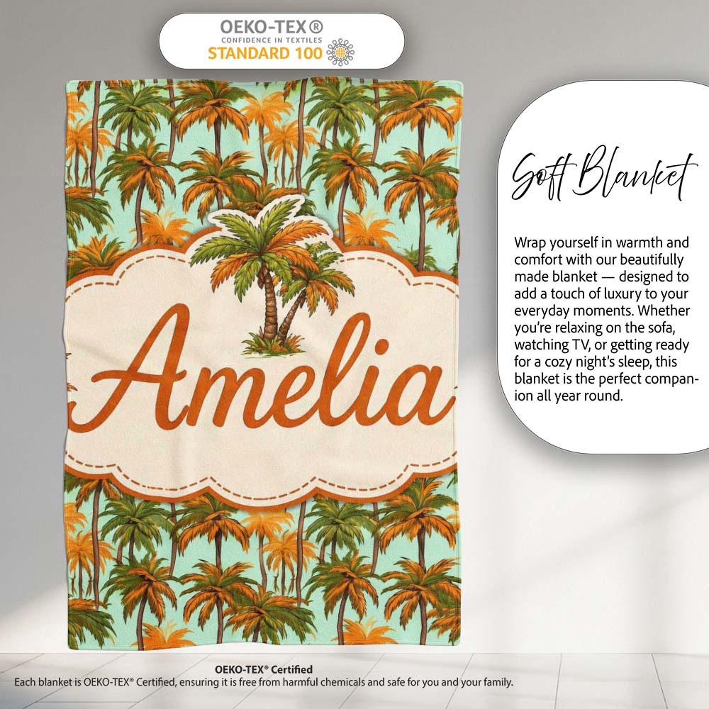 Tropical Palm Tree Summer Beach Seamless Pattern on Mint Background Personalised Custom Name Super Soft Fleece Blanket Bed Sofa Throw