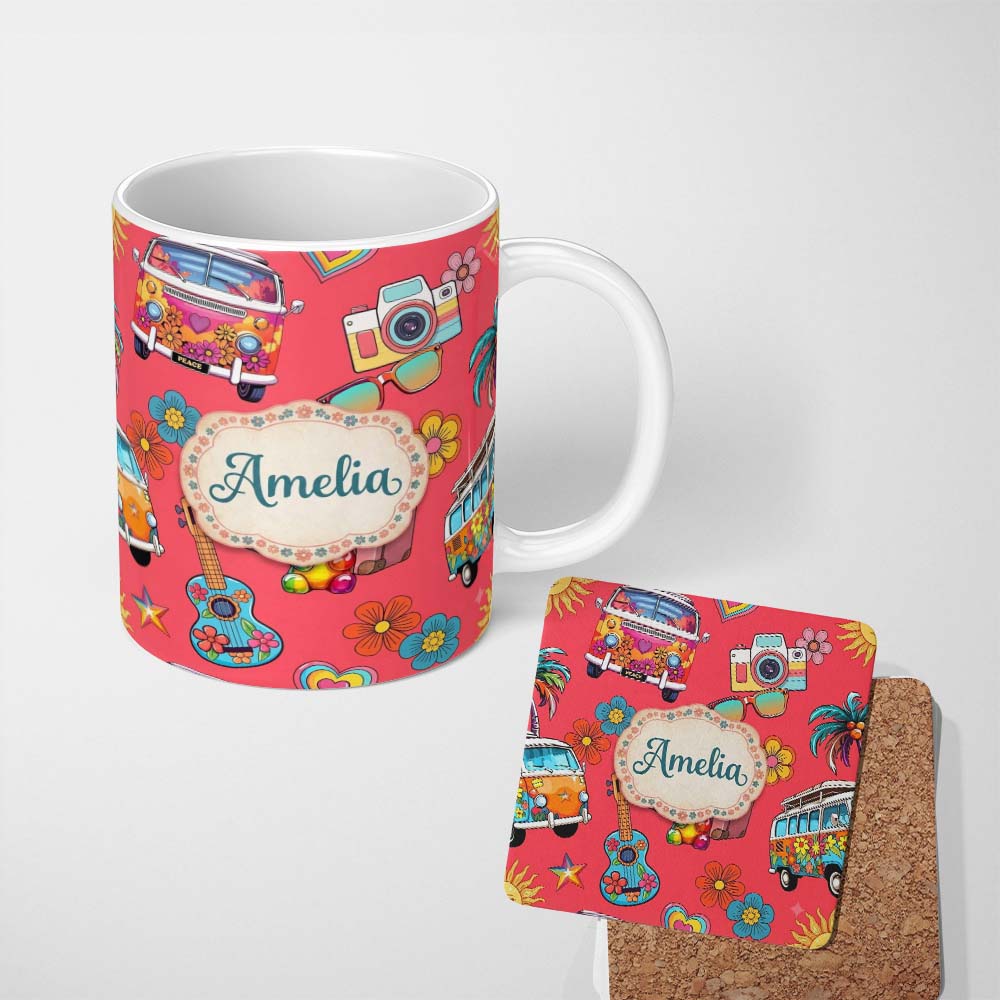 Personalized Custom Name Hippie Van Camera Guitar Floral Travel Red Background Seamless 11oz Ceramic Coffee Tea Mug White Large Handle