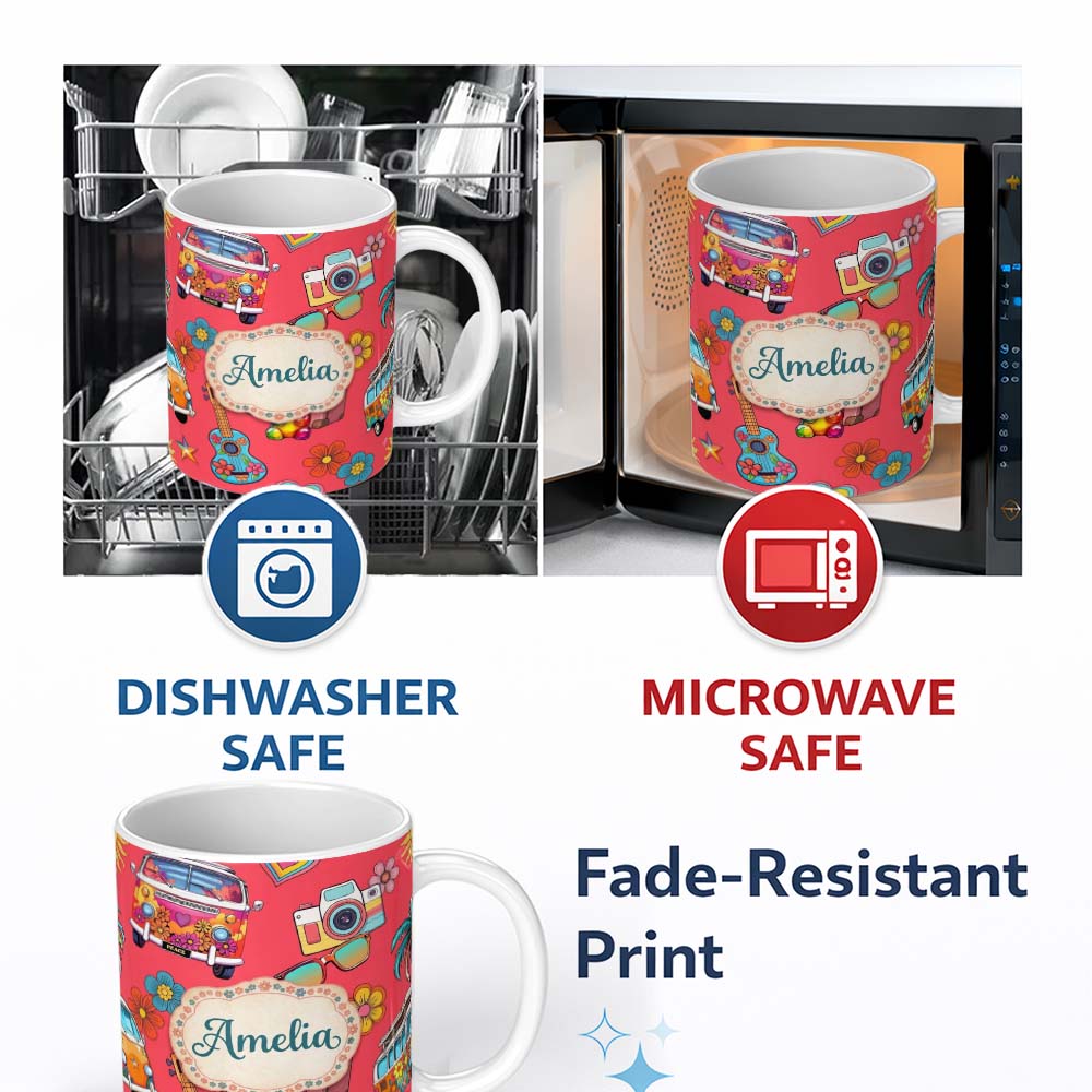 Personalized Custom Name Hippie Van Camera Guitar Floral Travel Red Background Seamless 11oz Ceramic Coffee Tea Mug White Large Handle