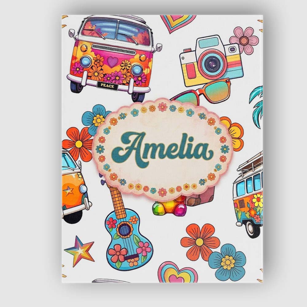 Personalised Name Hippie Van Camera Guitar Custom Unique Gift Idea Elegant Feature Canvas Wall Art Print Decor Picture Ready to Hang
