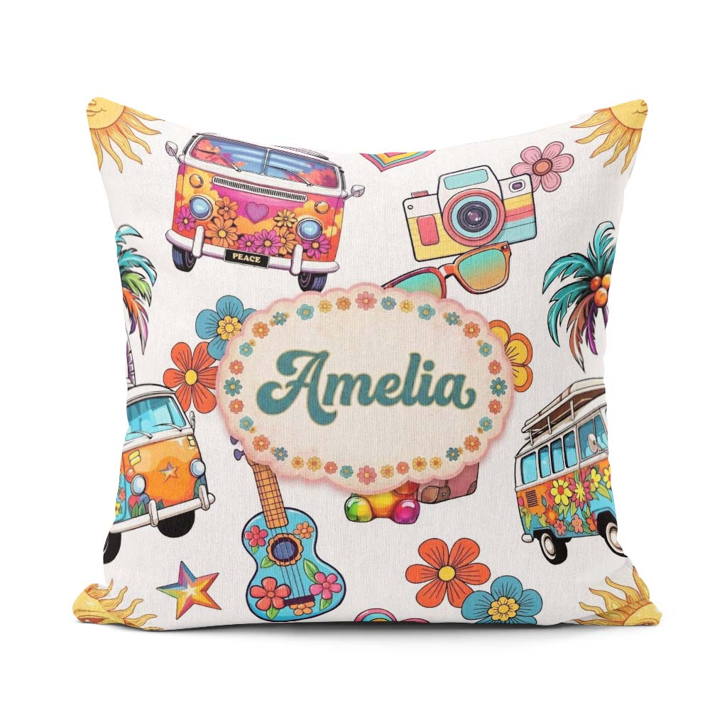Custom Name Hippie Van Camera Guitar Floral Travel Grey Seamless Square Filled Cushion Throw Pillow Sofa Bed Home Decor Zip Washable UK Made
