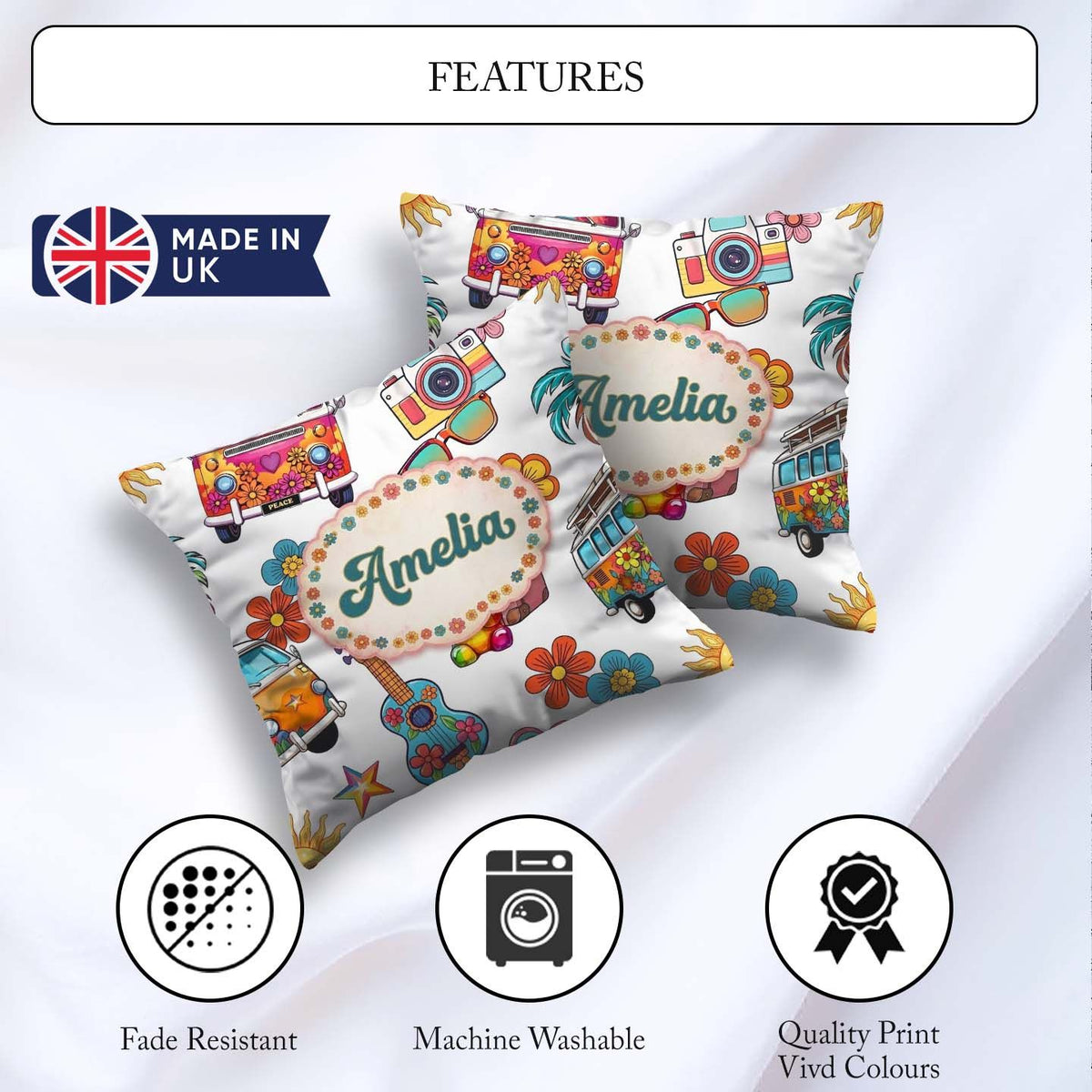 Custom Name Hippie Van Camera Guitar Floral Travel Grey Seamless Square Filled Cushion Throw Pillow Sofa Bed Home Decor Zip Washable UK Made