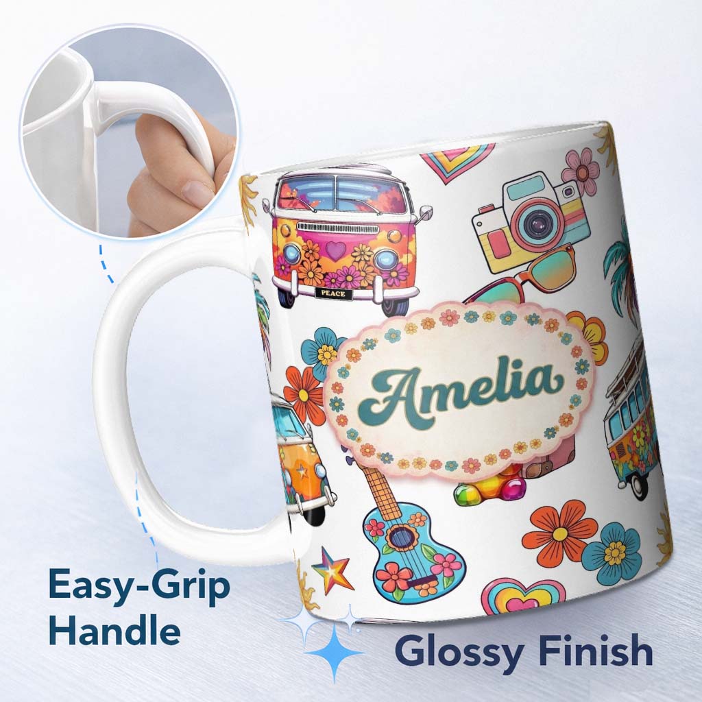 Personalized Custom Name Hippie Van Camera Guitar Floral Travel Grey Background Seamless 11oz Ceramic Coffee Tea Mug White Large Handle