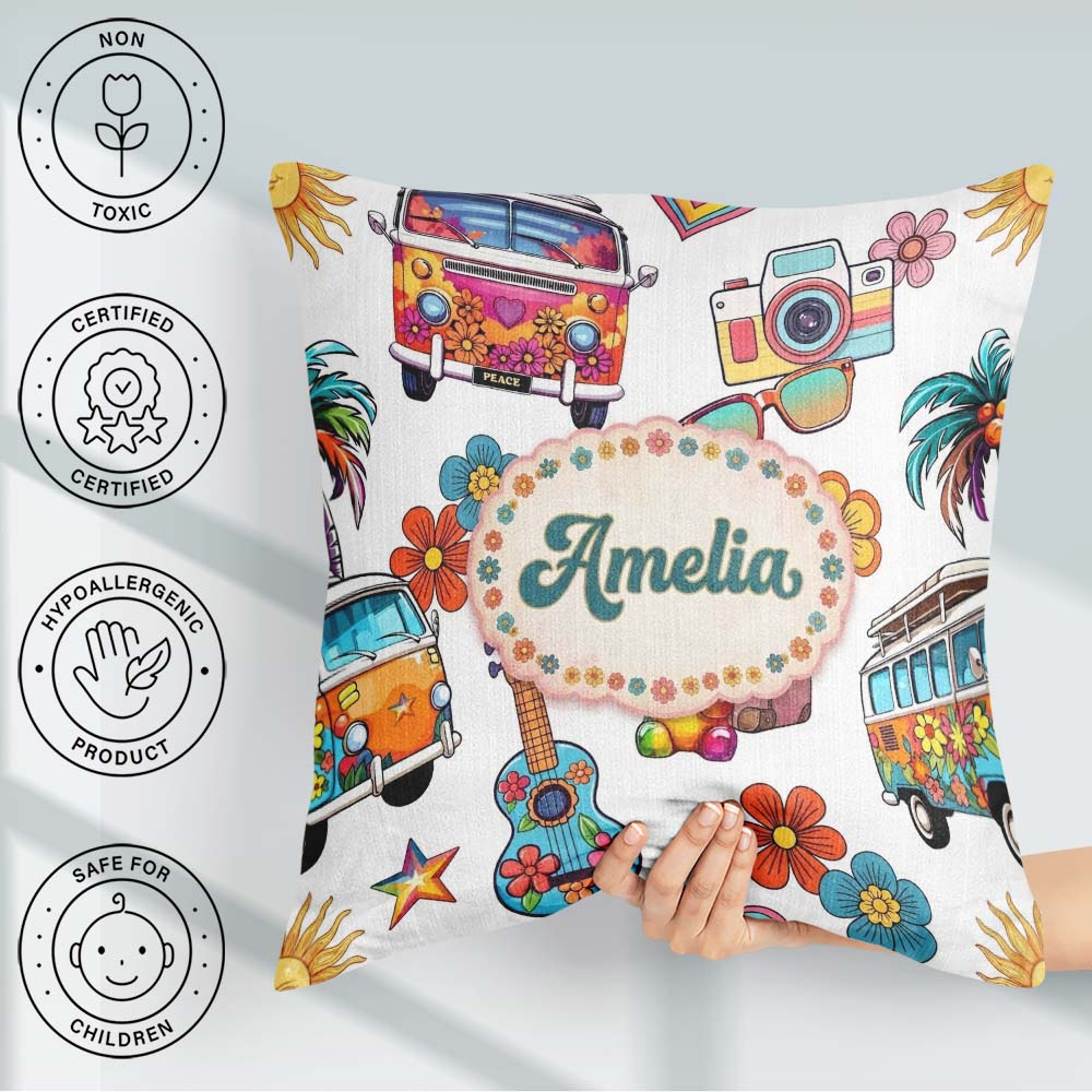 Custom Name Hippie Van Camera Guitar Floral Travel Grey Seamless Square Filled Cushion Throw Pillow Sofa Bed Home Decor Zip Washable UK Made