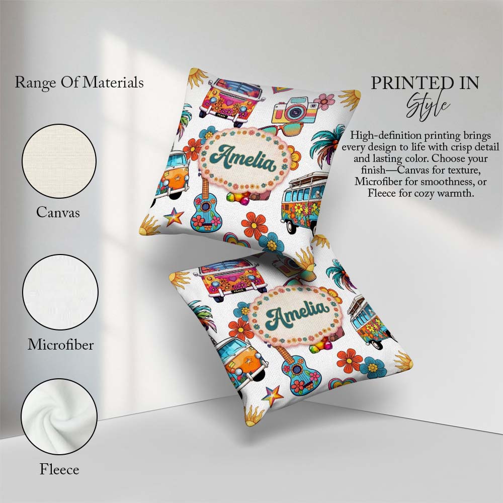 Custom Name Hippie Van Camera Guitar Floral Travel Grey Seamless Square Filled Cushion Throw Pillow Sofa Bed Home Decor Zip Washable UK Made
