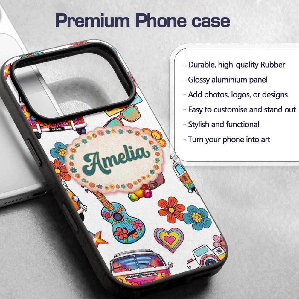 Hippie Van Camera Guitar Floral Printed Design Custom Name Protective Phone Case Mobile Cover Durable Everyday Smartphone Shock Resistant