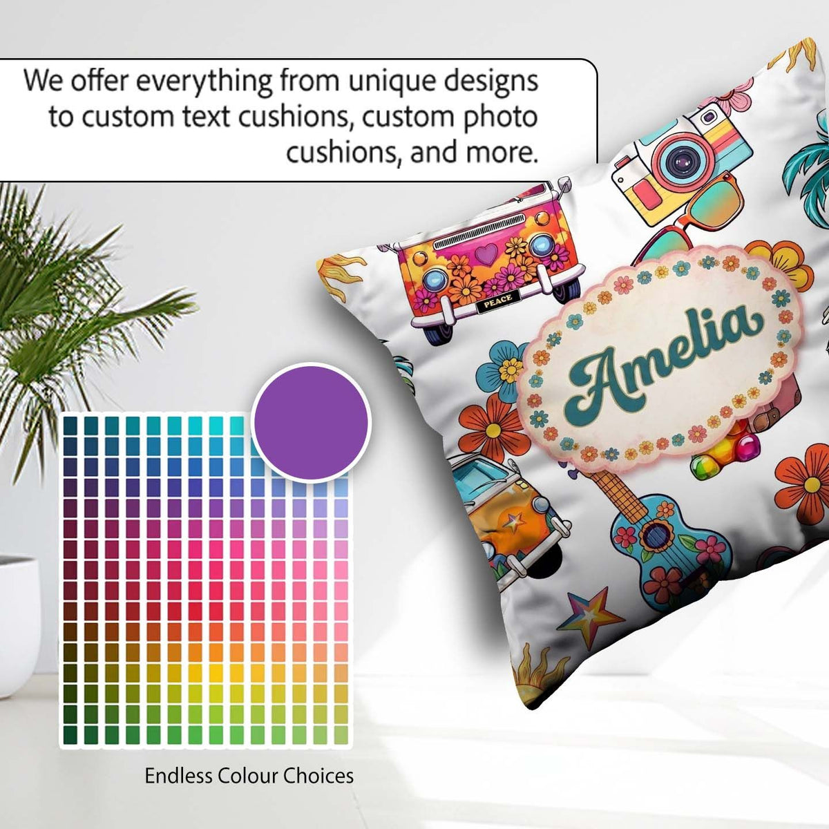 Custom Name Hippie Van Camera Guitar Floral Travel Grey Seamless Square Filled Cushion Throw Pillow Sofa Bed Home Decor Zip Washable UK Made