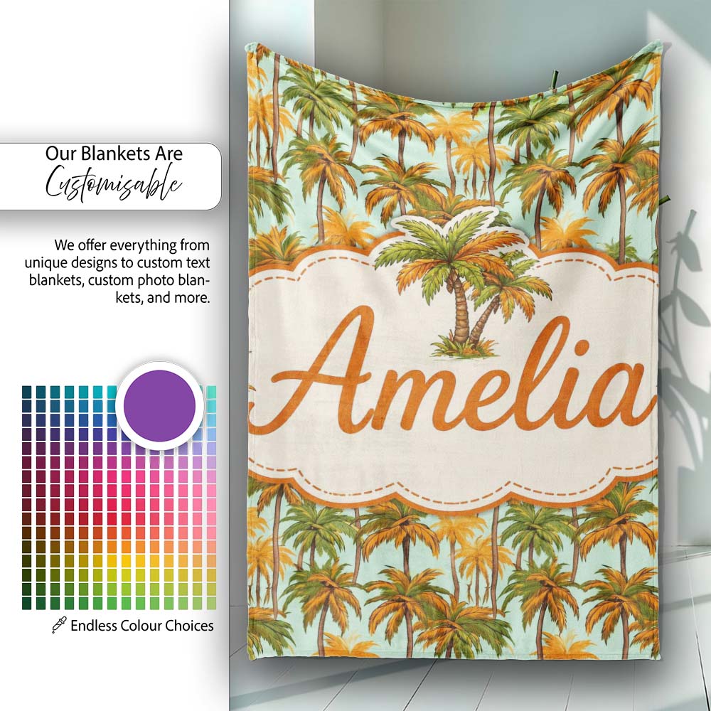 Tropical Palm Tree Summer Beach Seamless Pattern on Mint Background Personalised Custom Name Super Soft Fleece Blanket Bed Sofa Throw