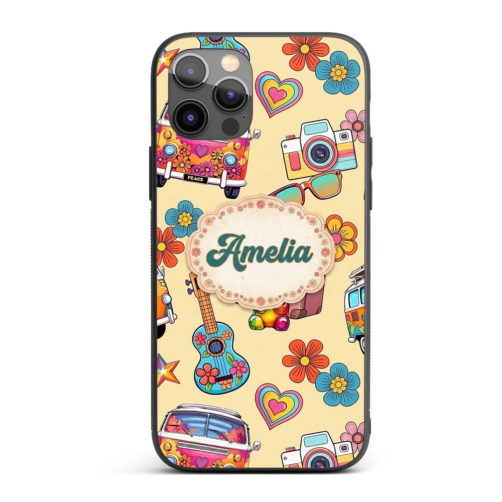 Hippie Camera Guitar Floral Travel Printed Design Custom Name Protective Phone Case Mobile Cover Durable Everyday Smartphone Shock Resistant