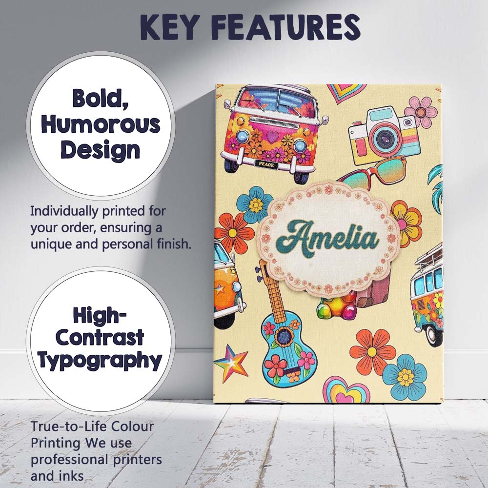 Personalised Name Hippie Camera Guitar Custom Modern Room Accent Elegant Feature Canvas Wall Art Print Decor Picture Ready to Hang