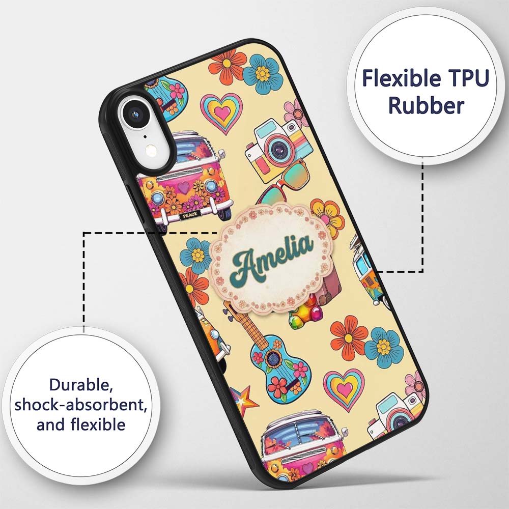 Hippie Camera Guitar Floral Travel Printed Design Custom Name Protective Phone Case Mobile Cover Durable Everyday Smartphone Shock Resistant
