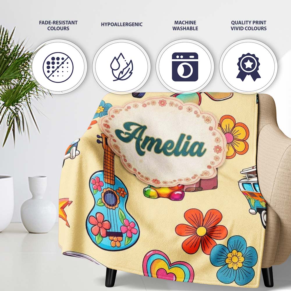Hippie Camera Guitar Floral Travel Yellow Background Seamless Personalised Custom Name Super Soft Fleece Blanket Bed Sofa Throw