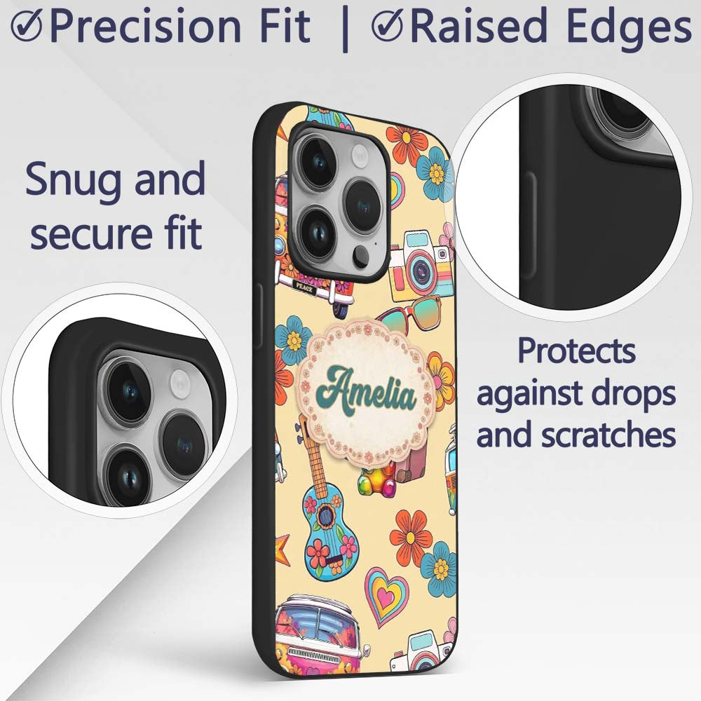 Hippie Camera Guitar Floral Travel Printed Design Custom Name Protective Phone Case Mobile Cover Durable Everyday Smartphone Shock Resistant
