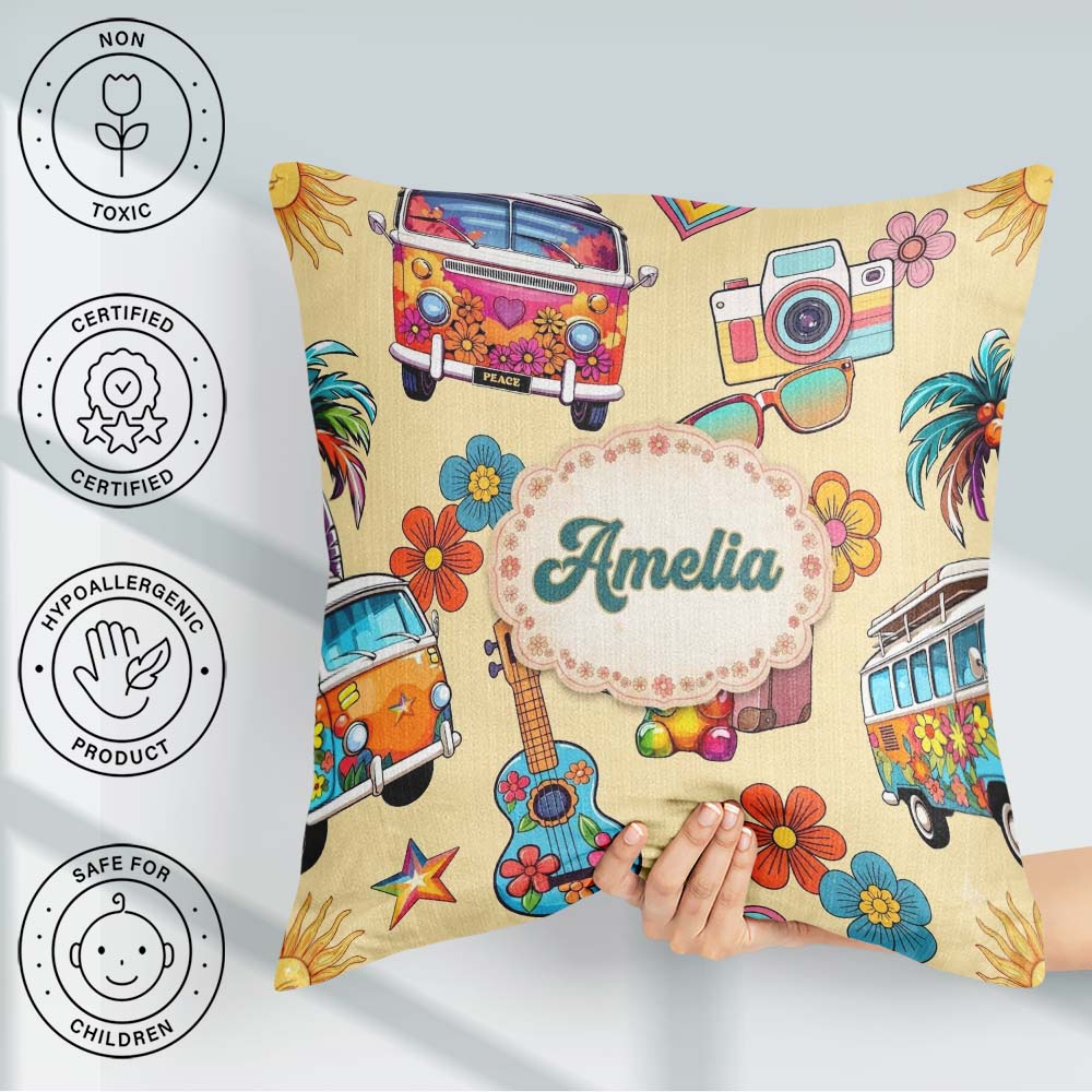 Custom Name Hippie Camera Guitar Floral Travel Yellow Background Square Filled Cushion Throw Pillow Sofa Bed Home Decor Zip Washable UK Made