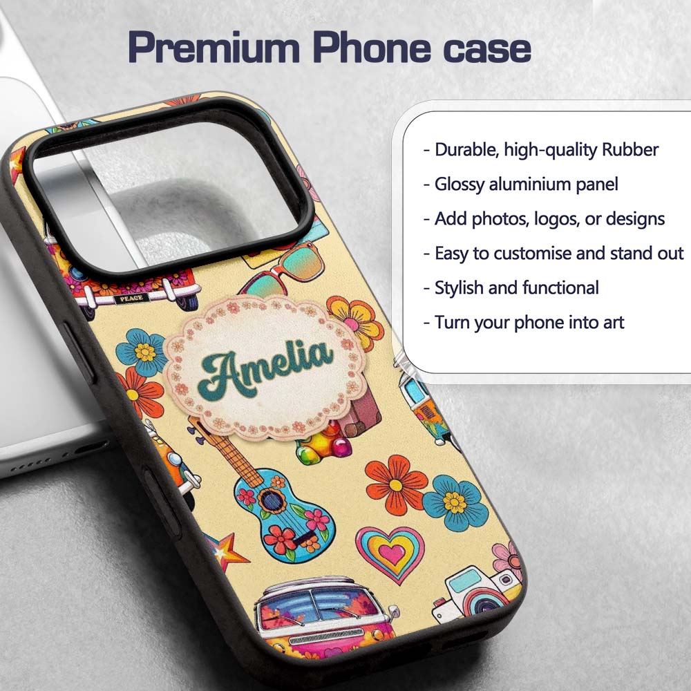 Hippie Camera Guitar Floral Travel Printed Design Custom Name Protective Phone Case Mobile Cover Durable Everyday Smartphone Shock Resistant