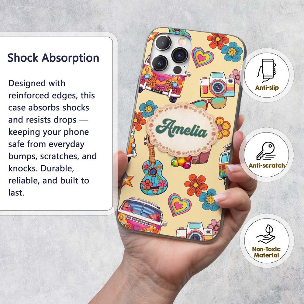 Hippie Camera Guitar Floral Travel Printed Design Custom Name Protective Phone Case Mobile Cover Durable Everyday Smartphone Shock Resistant
