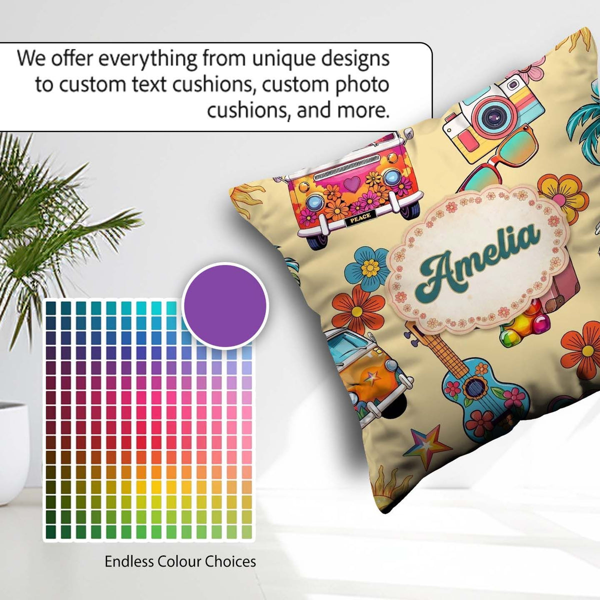 Custom Name Hippie Camera Guitar Floral Travel Yellow Background Square Filled Cushion Throw Pillow Sofa Bed Home Decor Zip Washable UK Made